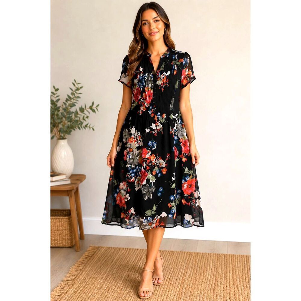 Robert Louis Floral Chiffon Midi Dress Black Button Front Size M Romantic